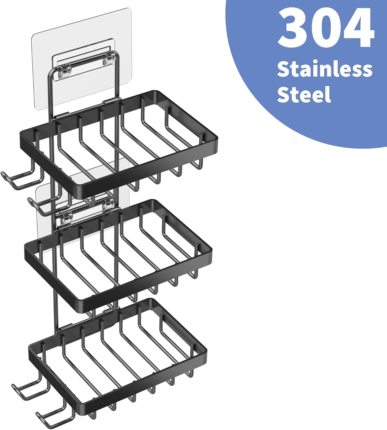 Moforoco 3-Tier Black Soap Bar Holder for Shower, No Drilling, 304 Stainless Steel, Wall Mounted Soap Holder with 4 Hooks and Razor Holder, Shower Rack Soap Tray Bar Soap for Bathroom Accessories image 5