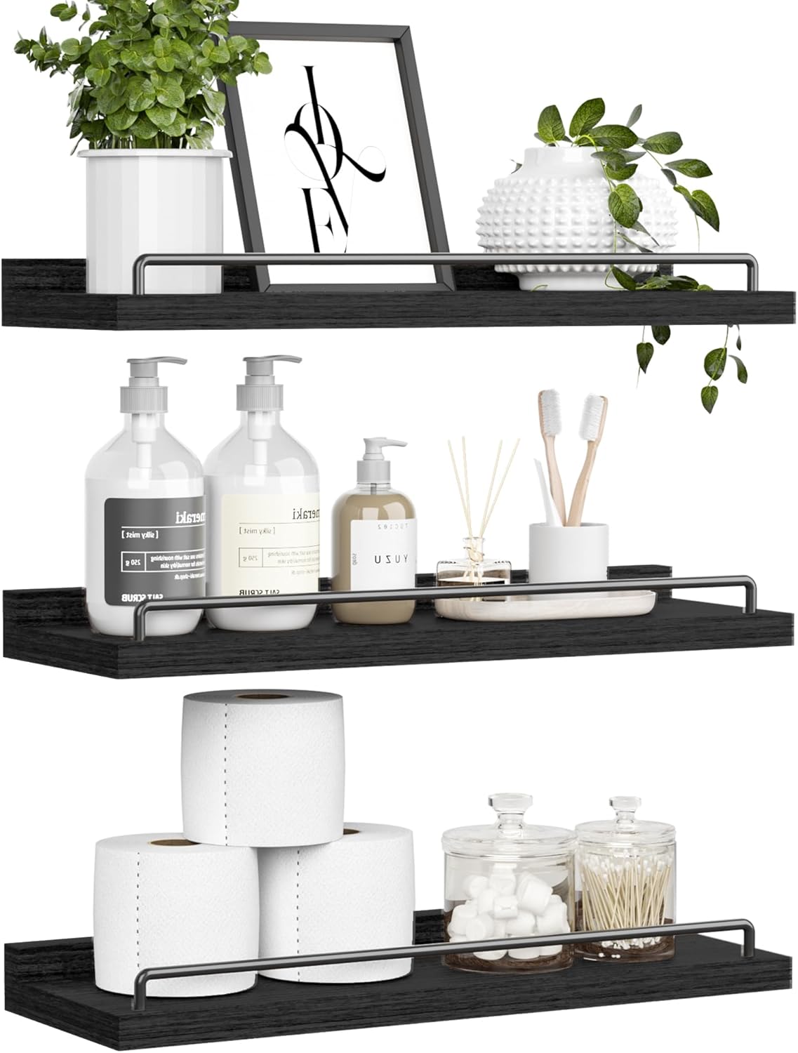 Floating Shelves for Wall Decor Bathroom Shelves Over Toilet, Farmhouse Wall Shelves for Living Room, Bedroom, Picture Frames, Plants, Kitchen (Black, Set of 3)