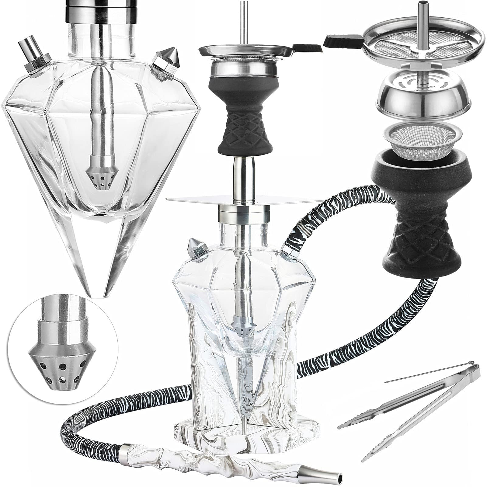 Stainless Steel Hookah Set with Hose Clay Bowl Charcoal Holder Tongs Handle Everything Accessories,Glass Vase Shisha Hookahs Complete Set Hooka White