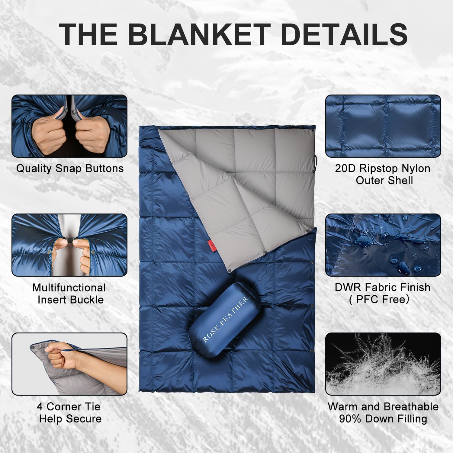Down Camping Blanket - Lightweight, Packable, Warm & Puffy Outdoor Travel Quilt for Sleep, Hiking, Backpacking, Stadium, Festivals, Water-Resistant Sleeping Bag 55"x79" - Image 3