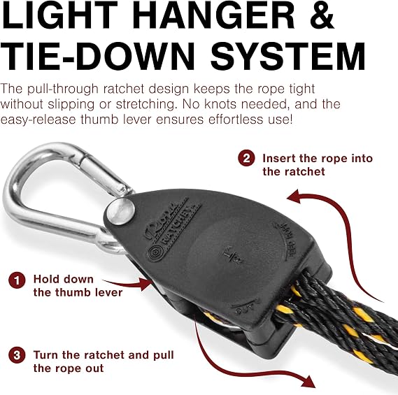 Rope Ratchet 1/8 Light Hanger, Carabiner Clips, Grow Room Setup 6 ft 4 Pack