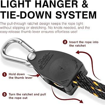 Rope Ratchet 1/8 Light Hanger, Carabiner Clips, Grow Room Setup 6 ft 4 Pack