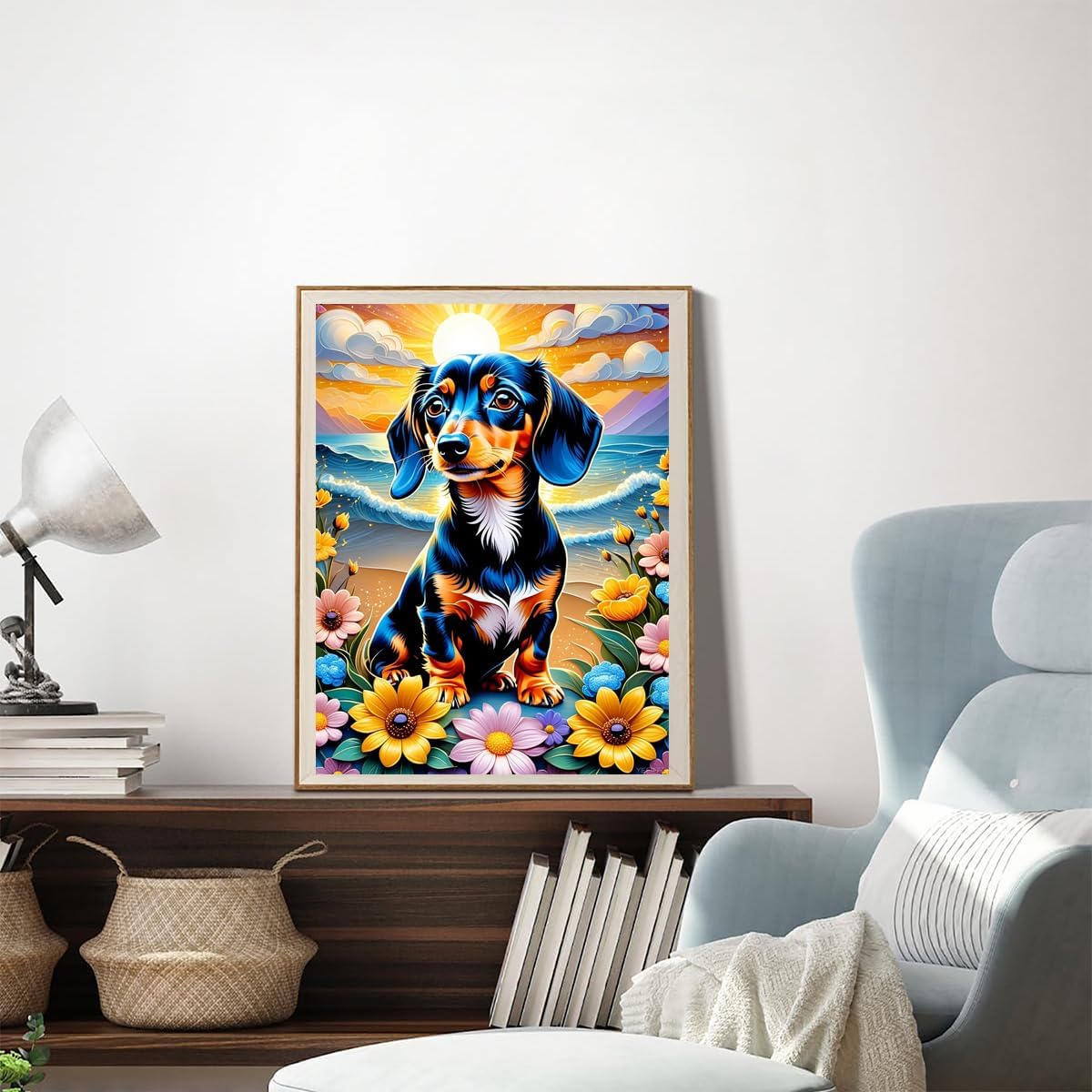Christmas Dachshund Dog Flowers Beach Cute Dog 5D Diamond Painting Kits, Suitable for Beginners and Handmade Diamond Art, DIY for Room Bedroom Decoration for New Year, Valentine's Day 12x16 in