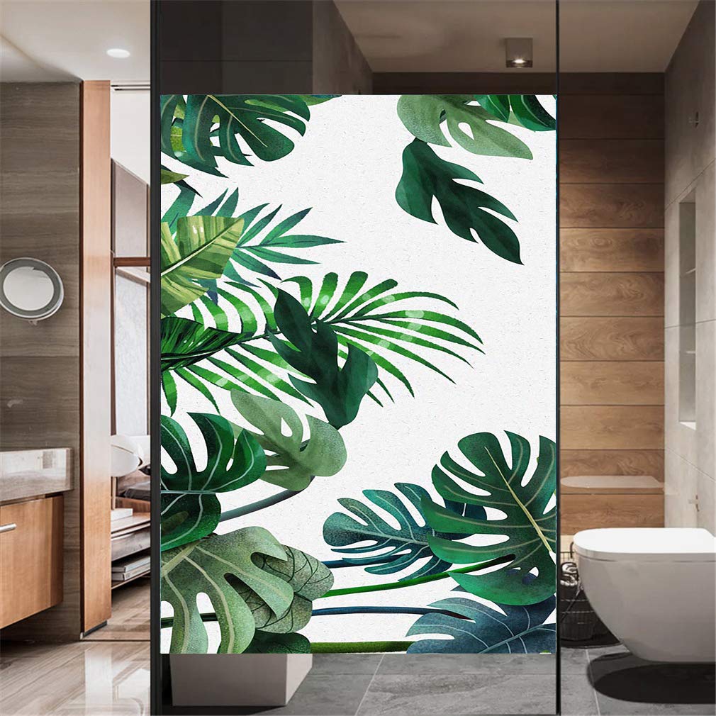 Xijier No Glue Decorative Privacy Frosted Window Film Tropical Plants Pattern Glass Door Window Covering Window Decals Window Sticker for Home Office 55x80cm(21.6