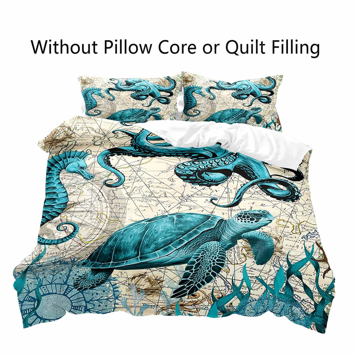 LUVIVIHOME 3PCS Teal Sea Turtle Seahorse Octopus Duvet Cover Queen Bedding Set, Teen Boys Girls Kids Bedding, Blue Turquoise Seaweed Ocean Animal Beach Coastal Nautical Comforter Cover, 2 Pillow Cases