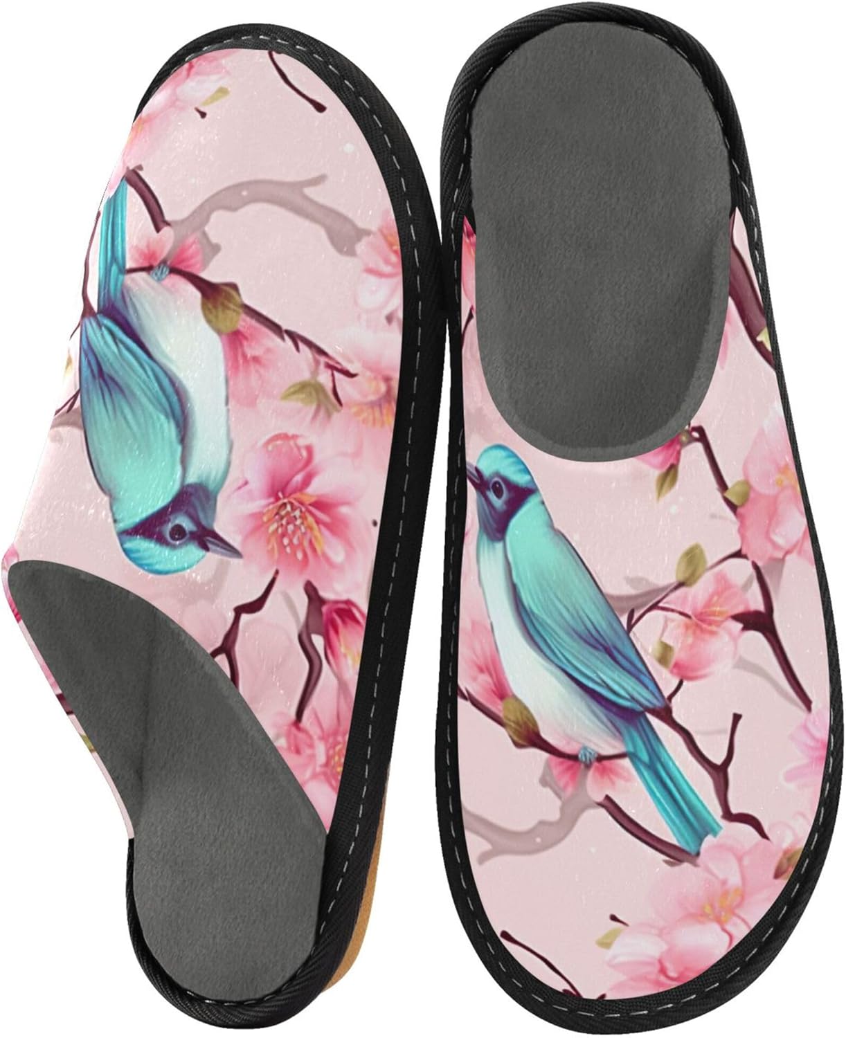Birds Peach Blossom House Slippers – Cozy Fuzzy Slippers for Guests, Washable & Disposable, Perfect for Shoeless Home, Spa & Hotel Use A112890