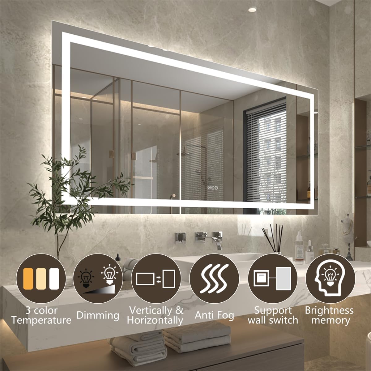 Icons representing mirror features: 3 color temperature, dimming, vertical & horizontally mounting, anti-fog, support wall switch, and brightness memory.