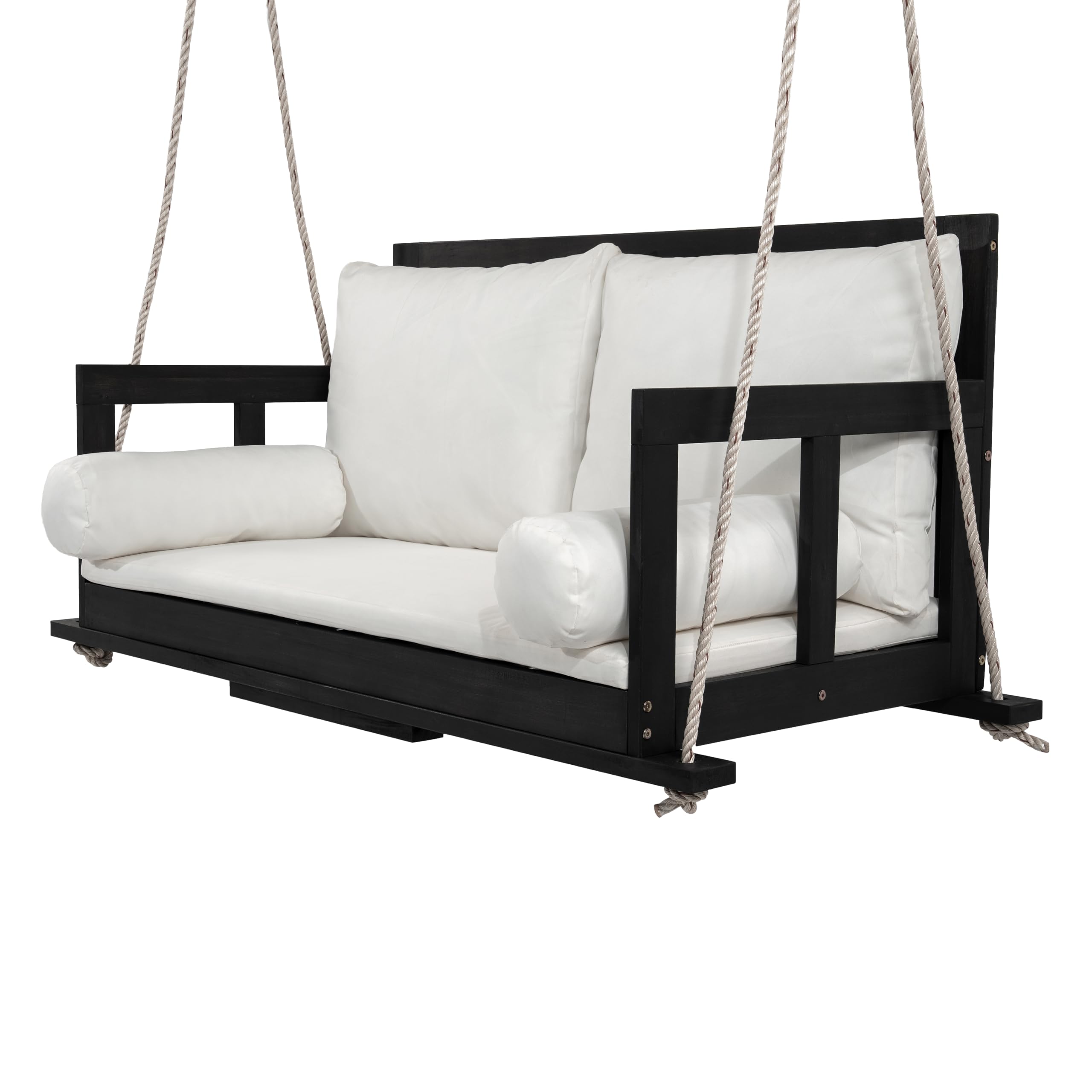 Asiento doble de columpio para jardín al aire libre, columpio colgante con cojín y dos cuerdas, cojín extraíble y lavable, de madera de acacia, color negro y beige