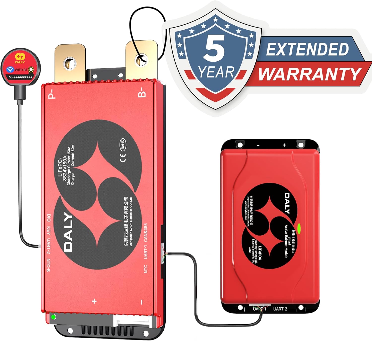 DALY BMS and balancer with a '5 Year Extended Warranty' badge