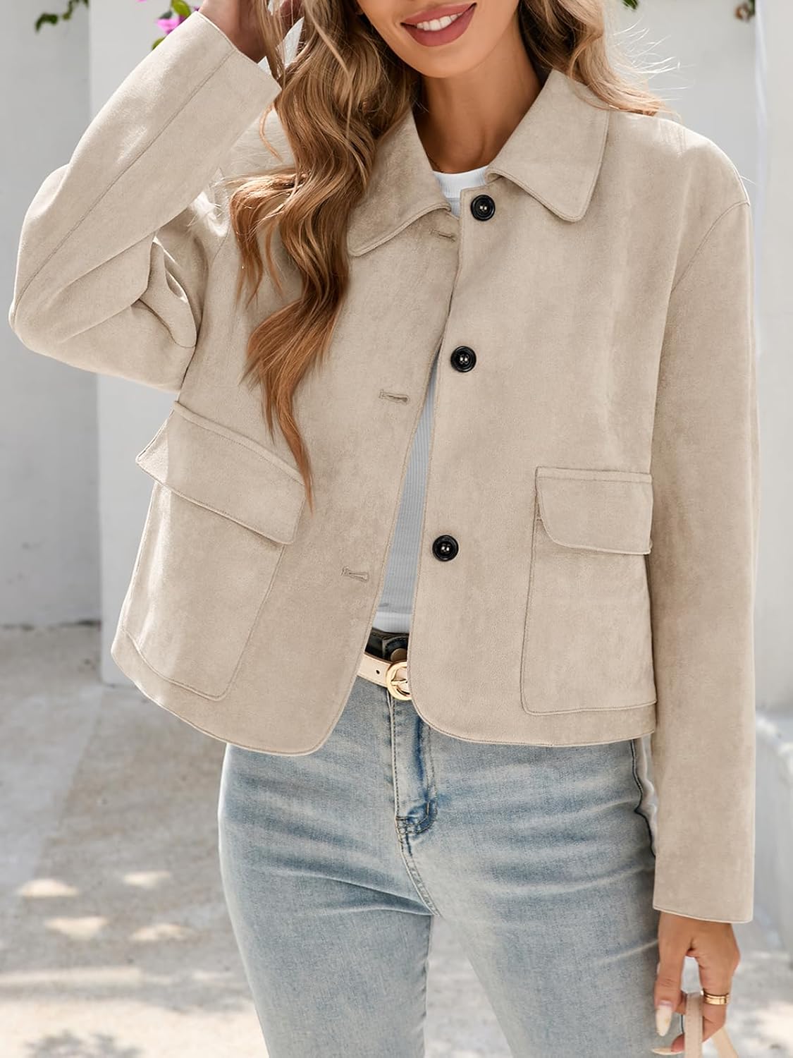 Tankaneo Womens Faux Suede Leather Jackets Casual Cropped Coats Vintage Button Down Shackets - Image 3