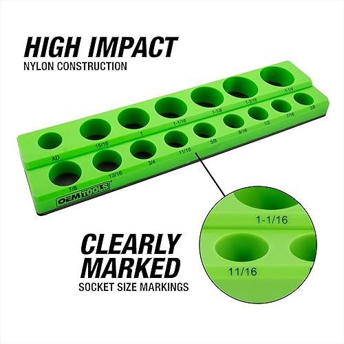 Vista 4 de OEMTOOLS 22461 Juego de 6 Bandejas Magnéticas para Llaves de Vaso Métricas y SAE, Organizadores de Llaves de Vaso Verde y Azul, Juego de Bandejas