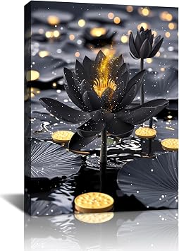 Framed Black and Gold Lotus Flower Wall Art Print, Zen Blooming Black Lotus Art Wall Art for Office Decor, Modern Meditation Poster Yoga Spa Room, Bathroom Home Decor 12x16 inches