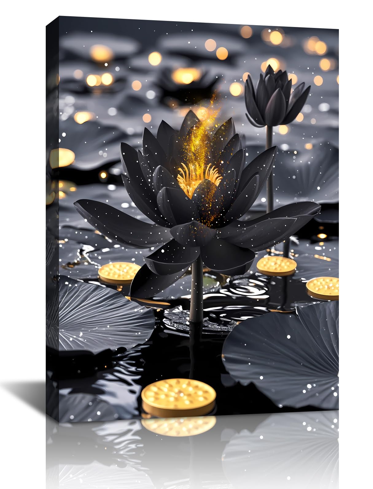 LNLAGBO Framed Black and Gold Lotus Floral Wall Art Prints,Black Lotus Art Blooming in Water for Zen Office Decor Wall Art,Modern Meditation Poster