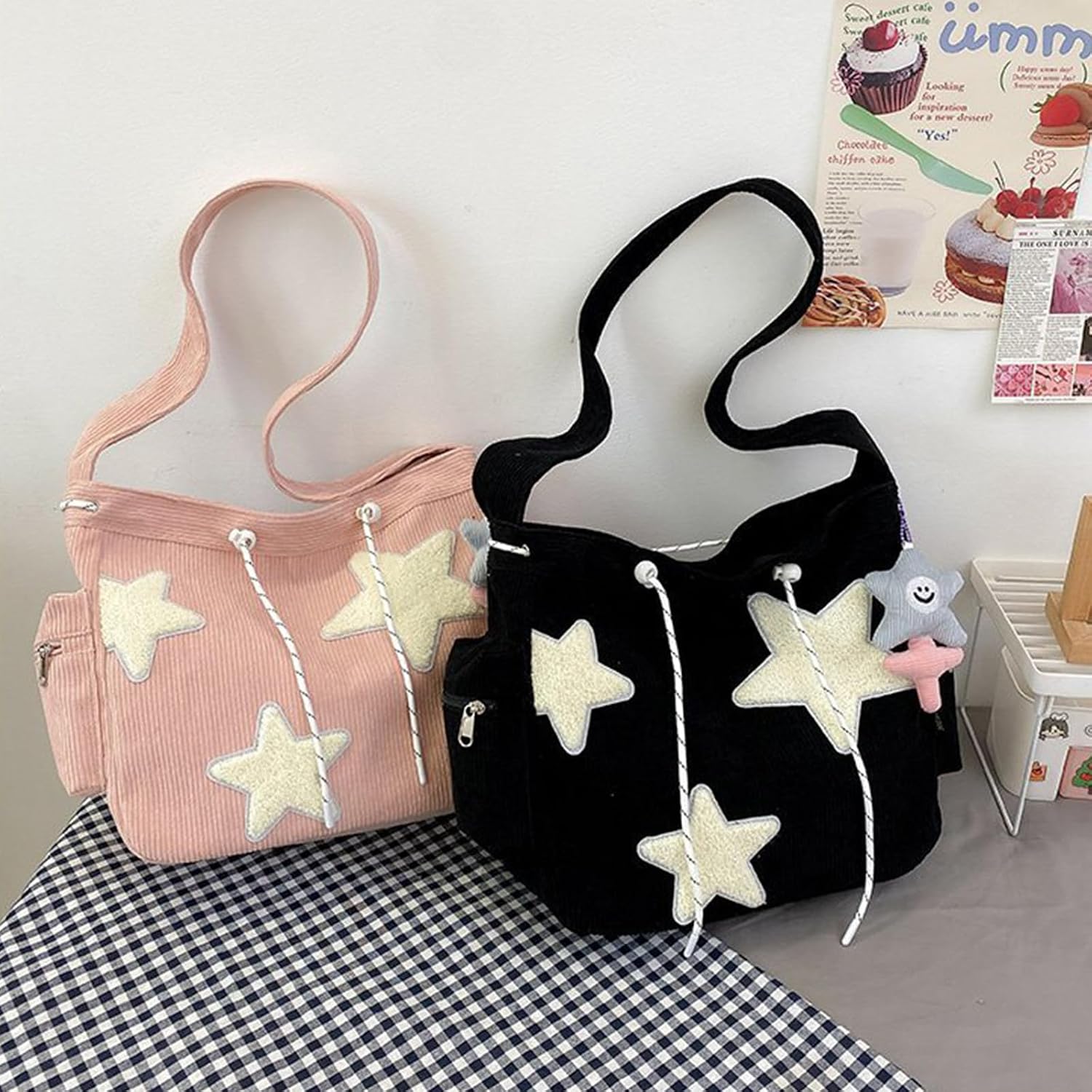 PORRASSO Corduroy Crossbody Bag Shoulder Bag Tote Messenger Bag with Pendant Women Satchel for Dating Travel Daily Use Pink