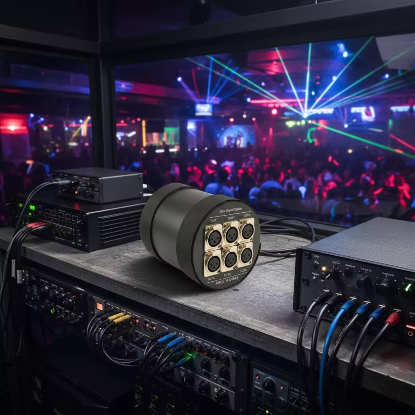 DMX512 Splitter Verstärker Verteilung Verteiler Hub mit 6 XLR 3 Pin Ausgängen Sauberes Kabelmanagement Zylindrisches Gehäuse für Theater Konzert Club Veranstaltung Studio