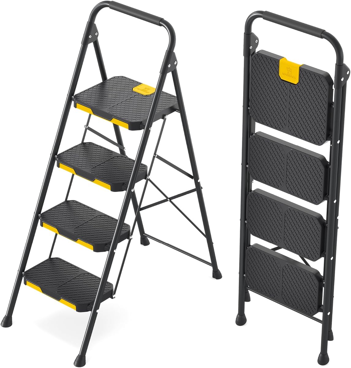 4 Step Ladder, Sturdy Steel Step Stool with Safe-Lock Design, Handrail, Anti-Slip Wide Pedals, Pass 800lbs Load Testing, Folding Portable Ladder for Multi-Purpose, Home, Kitchen, Black