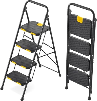 KINGRACK Ladder 4 Steps Folding Step Ladder with Non-Slip Wide Pedal and Handrails Lightweight Household Ladder for Your Kitchen Pantry Cupboards Office (Black)