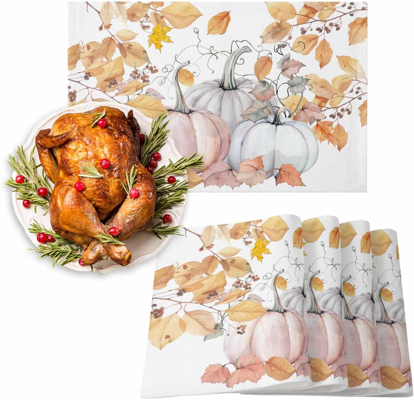 Fall Placemats Set of 6, Sturdiness Non-Slip Harvest Pumpkins Kitchen Place Mats, Washable Place Mat - Easy to Clean Autumn Maple Leaves Thanksgiving Table Mats for Dining Room/Party Decor 13x19 in