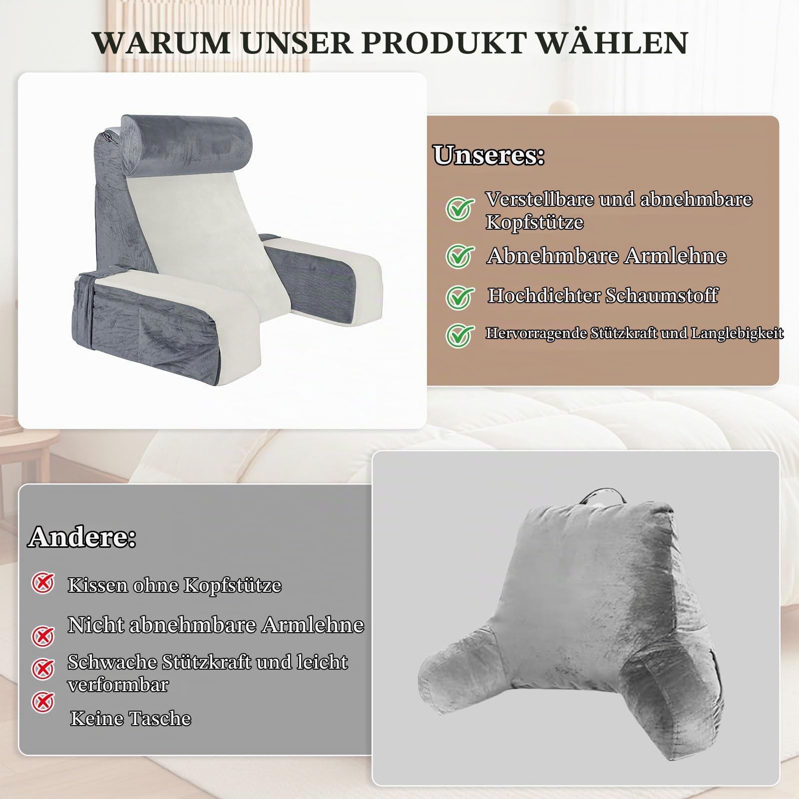Lesekissen für Bett und Sofa, Rückenkissen für Erwachsene mit abnehmbaren Armlehnen und Kopfkiseen, Bettkissen Rückenlehne mit Waschbarem Bezug, Rückenstützkissen zum Lesen, Fernsehen, Faulenzen