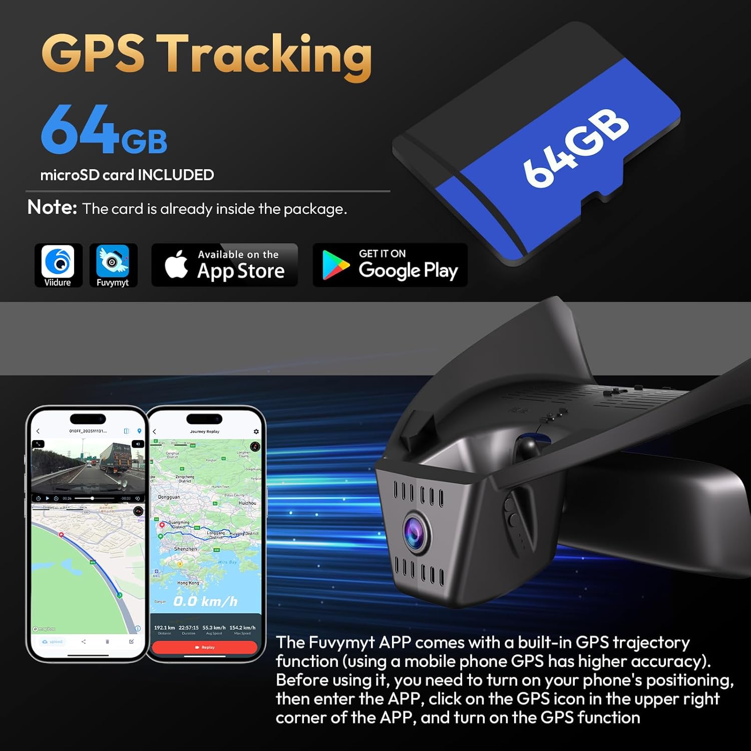 Image illustrating the G-Sensor, 24H Parking Monitor, and Loop Recording features of the dash cam.