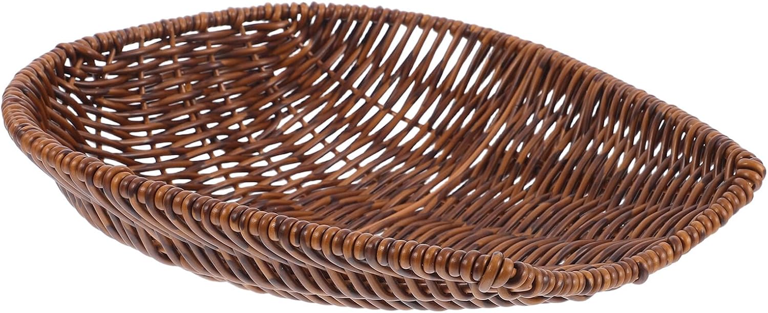 BESTYASH Multipurpose Medium Brown Imitation Rattan Bread Basket Handwoven Plastic Woven Fruit Tray Tabletop Serving Basket for Kitchen Dining and Snack Storage