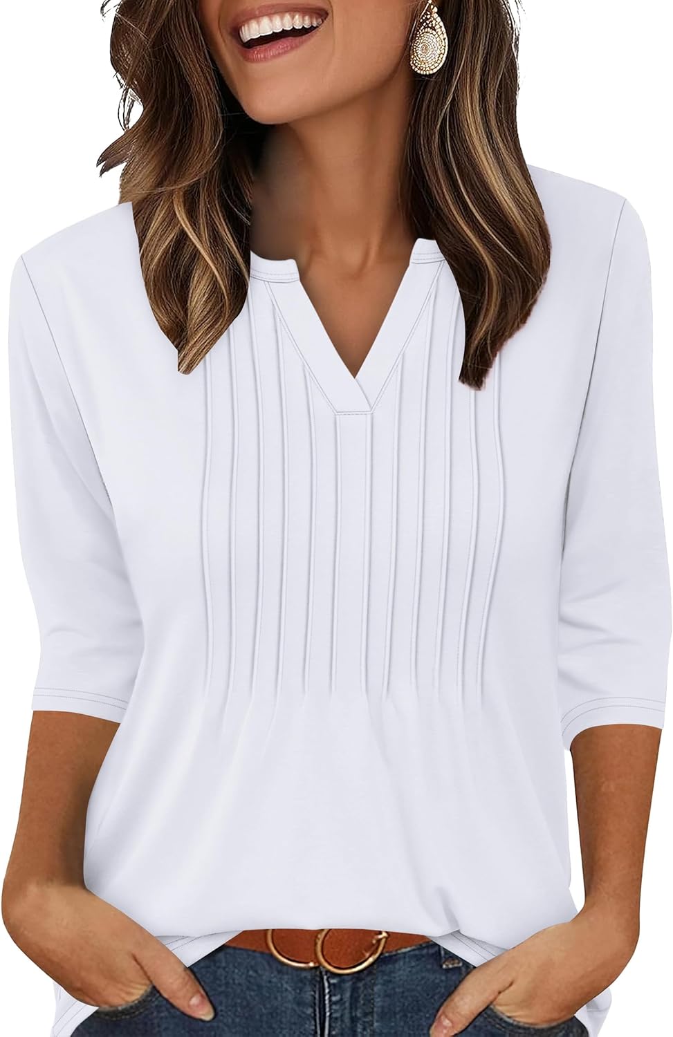 XIEERDUO Womens 3/4 Sleeve Tops 2026 V-Neck Summer Outfits Casual Pleated Shirts Blouses Beach Vacation Spring Clothes - Image 2