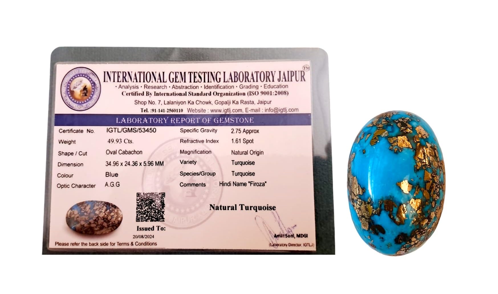 International Gems LapidaryReal Original Firoza Turquoise Gemstone for Men and Women – Oval Shaped for Ring and Pendant Premium Turquoise Jewellery - The Stone of Compassion and Success 48 to 55 Carats