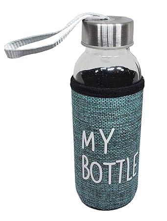 KD ZONE Glass Water Bottle with Pouch glass bottle cover Kids for Girls and Boys Fridge water leak-proof air tight cap, Transparent (400 ml)