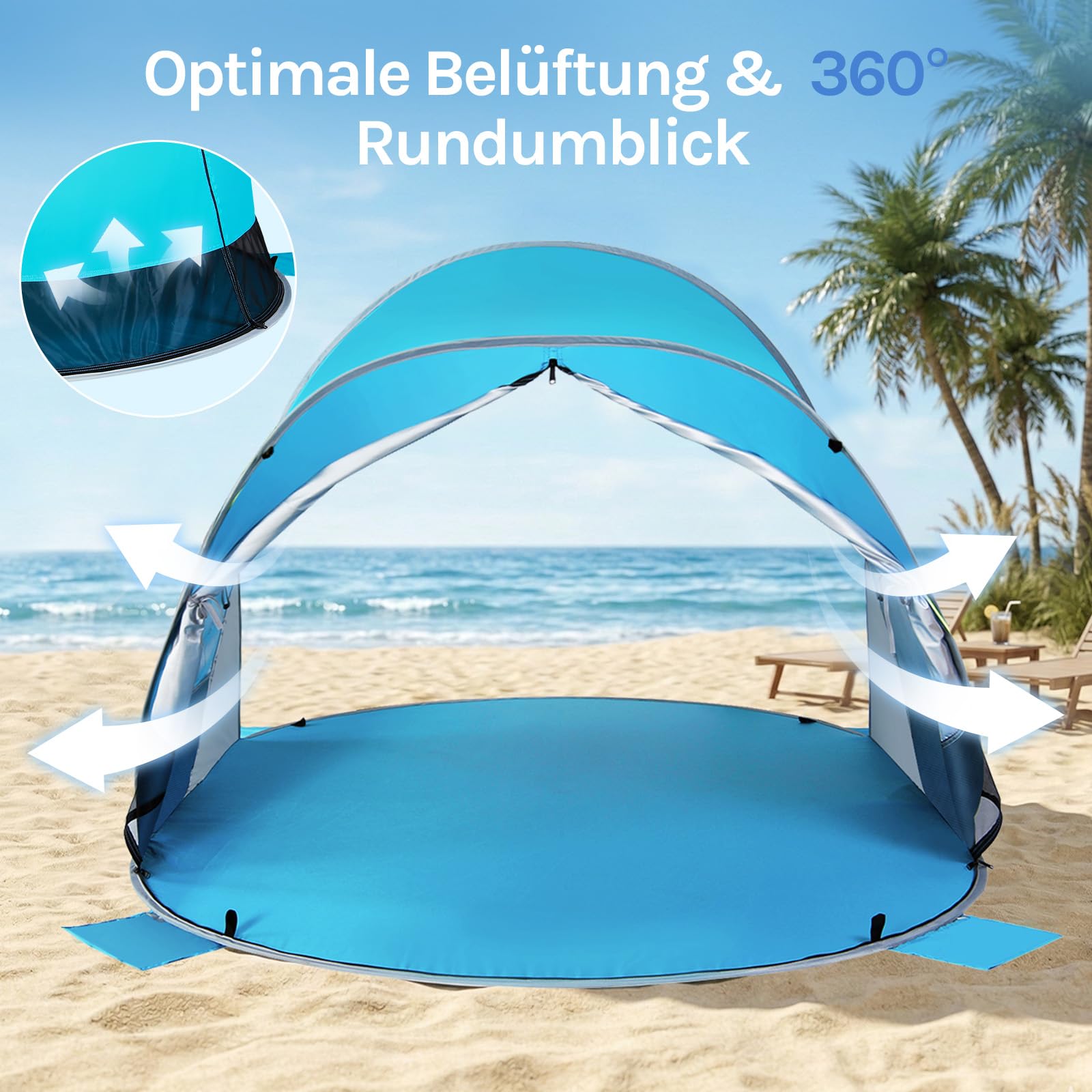 WolfWise Strandmuschel Pop-Up Zelt mit UV-Schutz 50+, 3-4 Personen Strandzelt, Sonnenschutz & Windschutz Tragbar Wurfzelt Baby Kinder Sonnenzelt Kleines Packmaß für Familie Camping Garten Strand Blau