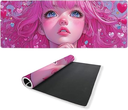 Anime Girl Gaming Mouse Pad 35.4 x 15.7 Inches Kawaii Pink Hair Heart Eyes Love Desk Mat Mouse Mat XXL Laptop Keyboard Pad, Laptop Keyboard Mousepad Aesthetic Accessories for Women