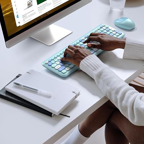 Miniatura 10 de KNOWSQT Colorido teclado inalámbrico y mouse, combo de té con leche, 104 teclas 2.4G con tapa redonda de 2.4 G, USB Dongle Plug and Play, para