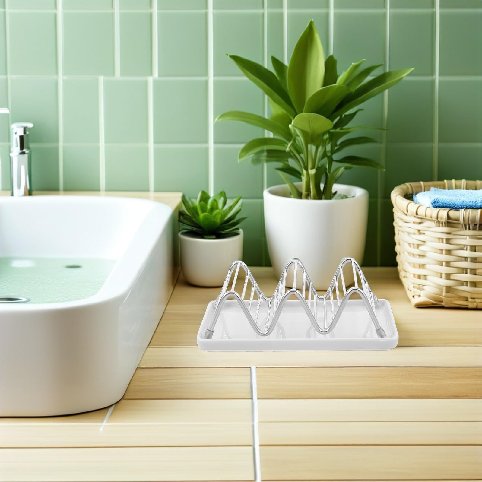 Portasaponi in Acciaio Inox con Piatto in Ceramica Vassoio di Drenaggio Forma di W per Bagno e Cucina Dimensioni Base Antiscivolo