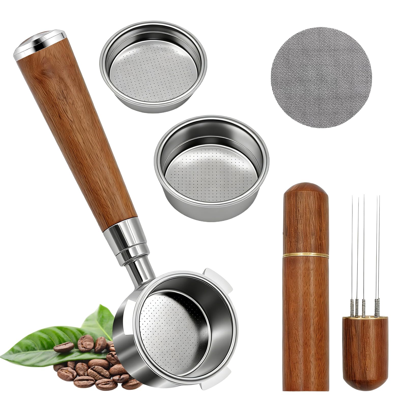 Turmegtt 51mm Bottomless Portafilter 3 Ears, Compatible with Delonghi EC680/EC685, 100% Stainless Steel with 2 Filter Baskets(Single+Double Shots), WDT Tool, Puck Screen, Metal Base, Solid Wood Handle