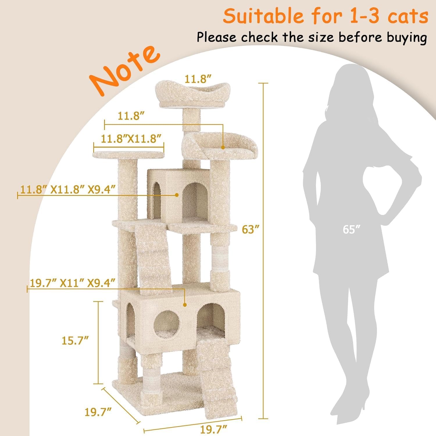 63 Inches Multi-Level Cat Tree Tower with Condo, Plush Perches, Scratching Posts, Hammocks, and Play House, Beige