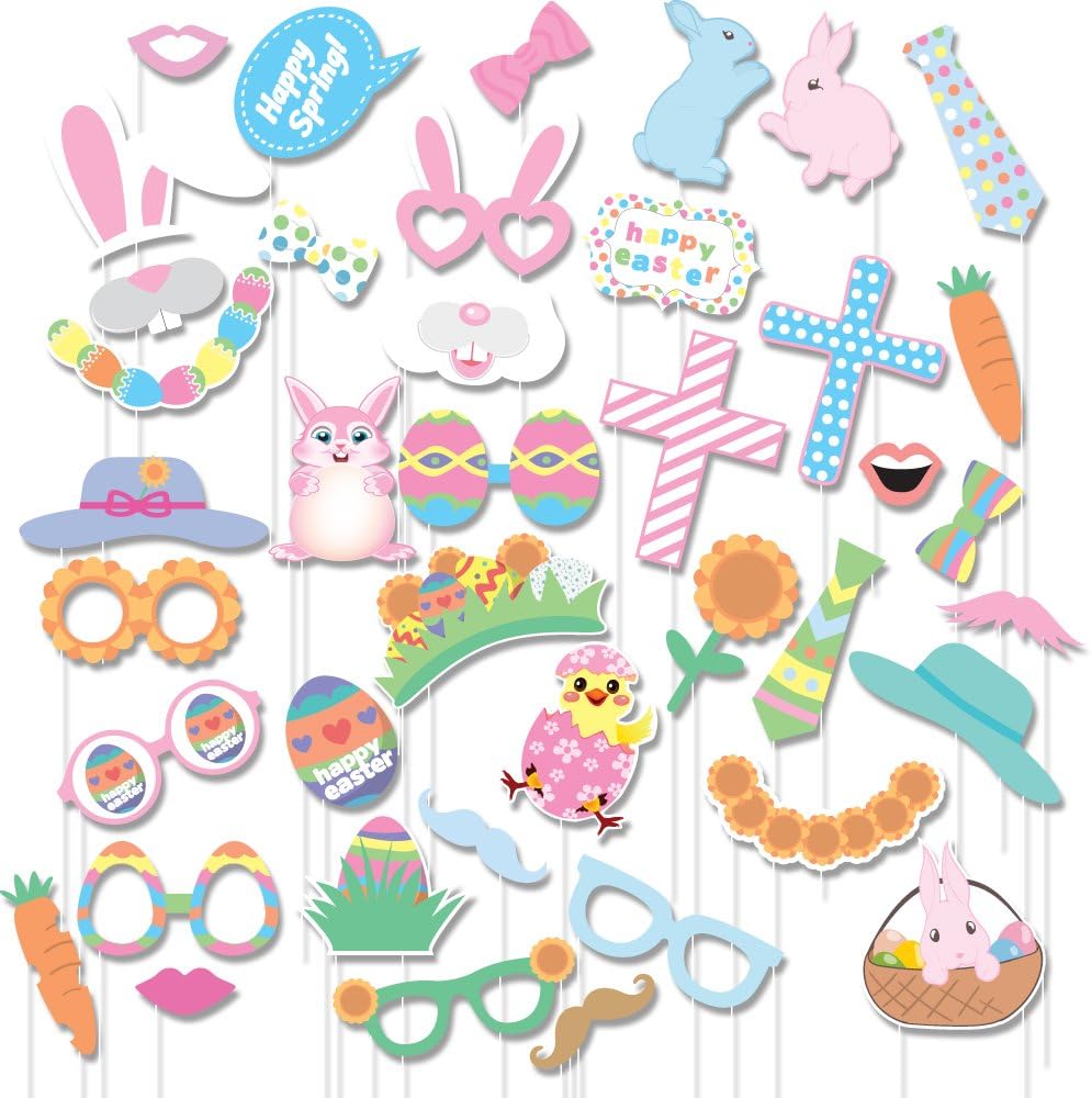 40PCS Easter Photo Booth Props Colorful Egg Bunny for Festival Party Supplies, Easter Decorations Kit by Lucky Party
