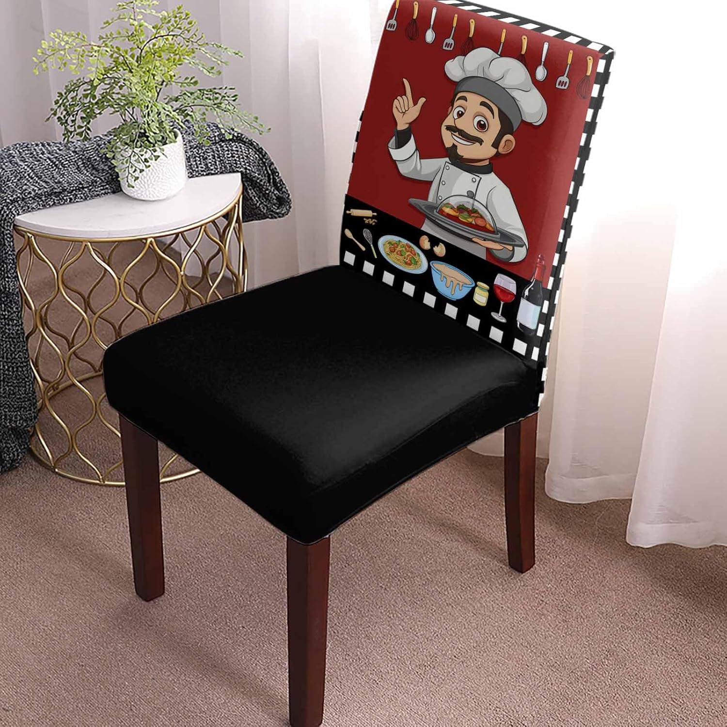 Chair Covers for Dining Room Set of 1, Stretch Dining Chair Cover, Red Background Chef Black And White Check Removable Washable Kitchen Chair Seat Slipcovers for Banquet, Wedding, Hotel