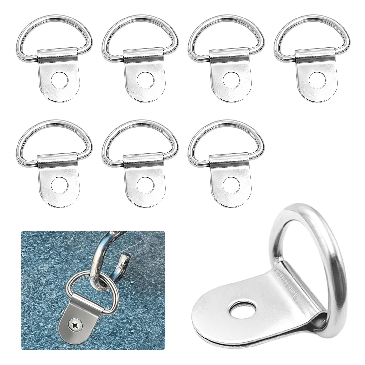 8 Pcs Stainless Steel D-Ring Tie Down Anchors, Single Hole Tie Down Rings for Trailer Truck Boat Load Securing, 6.5mm Mounting Hole Silver