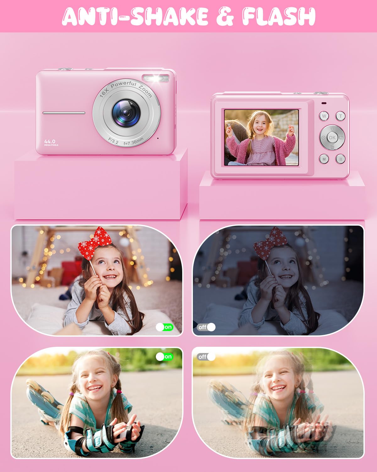 Macchina Fotografica Digitale con Scheda 32GB, 1080P 44MP Fotocamera Digitale Compatta con Zoom Digitale 16X Flash e 2 Batterie, Macchina Fotografica per Bambini, Adulti, Principianti (Rosa)