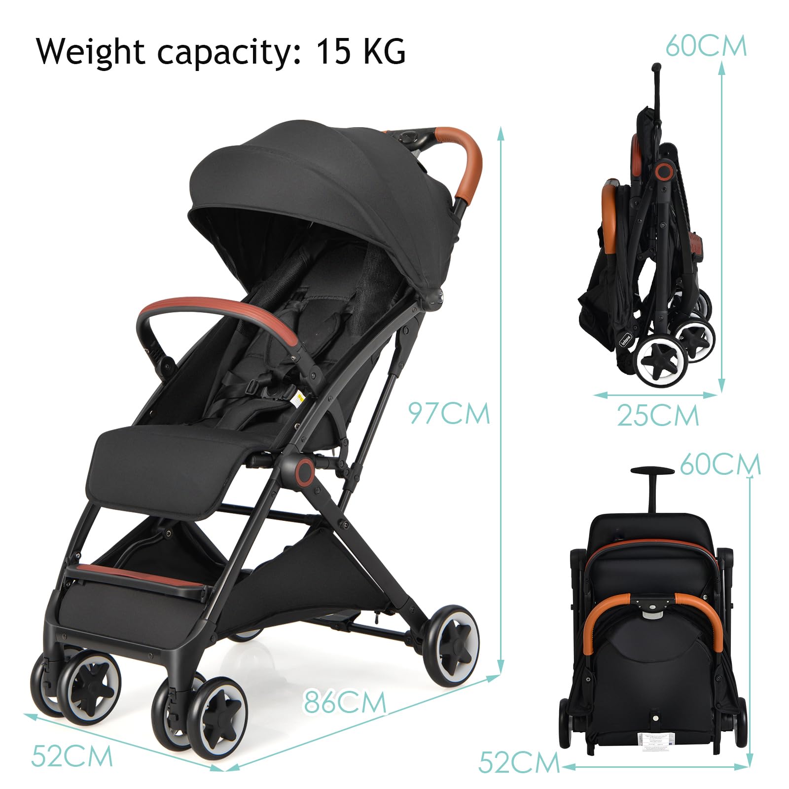 LIFEZEAL Poussette Canne Pliable avec Dossier Réglable, Poussette Bébé Compacte Confort avec Cosy, Moustiquaire, Harnais à 5 Points, 4 Roues, Panier de Rangement, Charge de 15 kg, 0-36 mois (Noir)