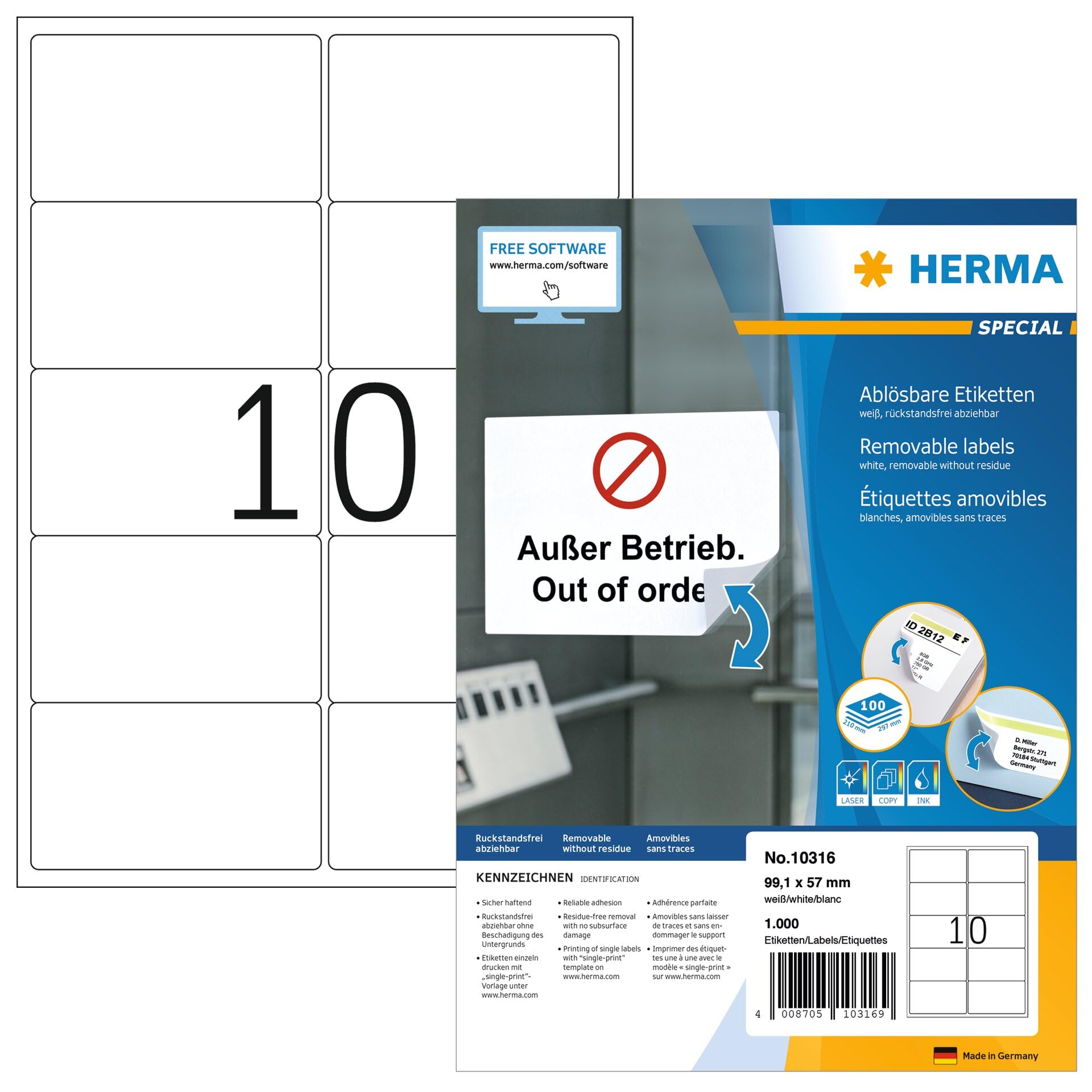HERMA Self Adhesive Removable Labels, 10 Labels per A4 Sheet, 100 Sheets, 99.1 x 57 mm, 1000 Labels, Blank Multipurpose Labels Stickers, Sticky Labels for Laser & Inkjet Printer, White
