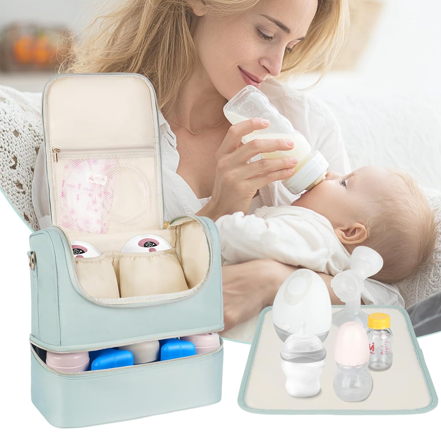 Wearable Breast Pump Bag with Cooler Compartment Fits for Willow/Elvie/Momcozy M5/S12 Pro/Medela, Breast Milk Travel Tote Bag with Ice Pack & Waterproof Mat,Mint Green
