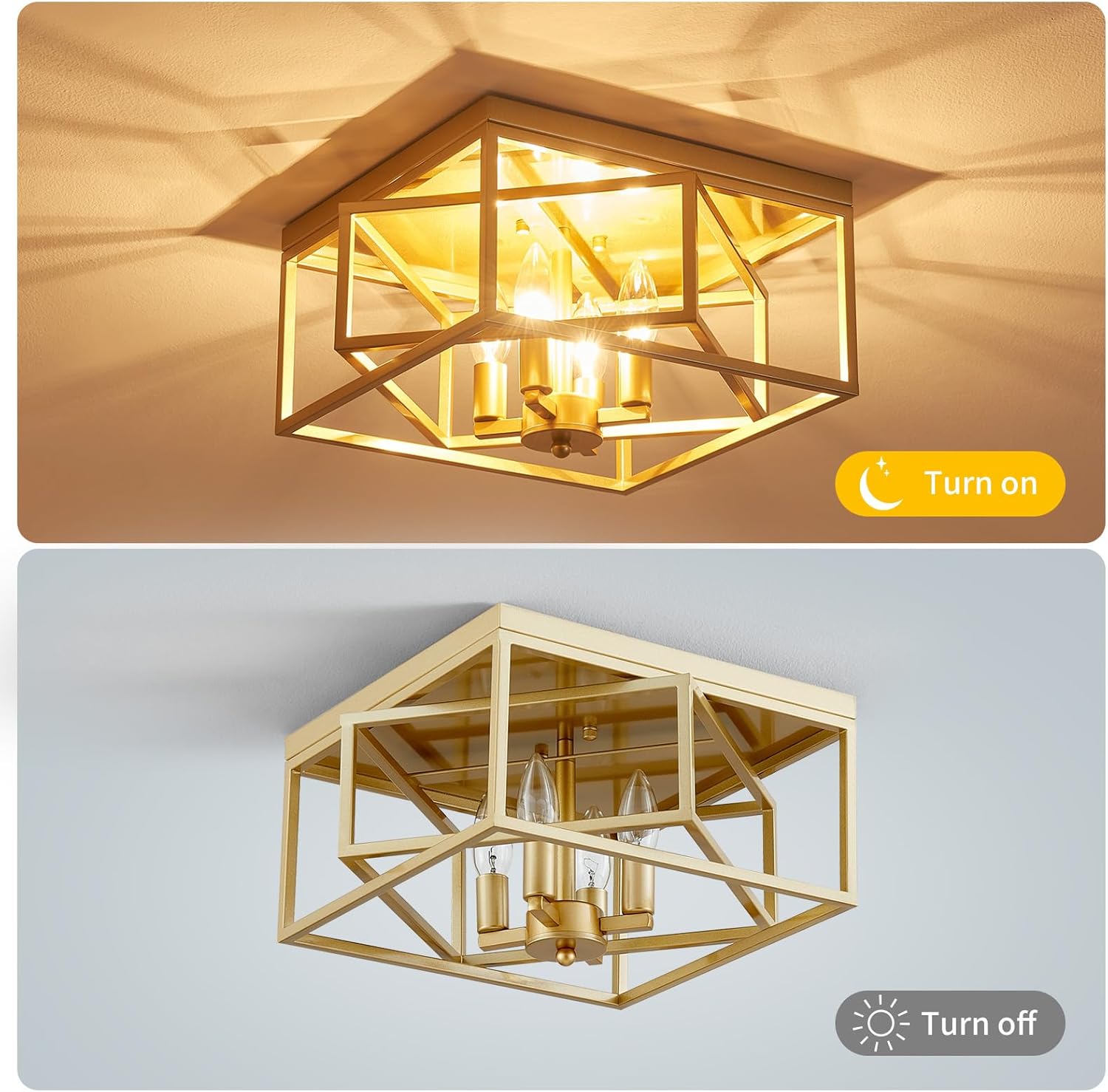 Square Ceiling Light, 4-Light Flushmount Modern Close to Ceiling Light Fixture for Living Room, Bedroom, Dining Room, L13 x W13 x H7 inch, Gold Finish Frame