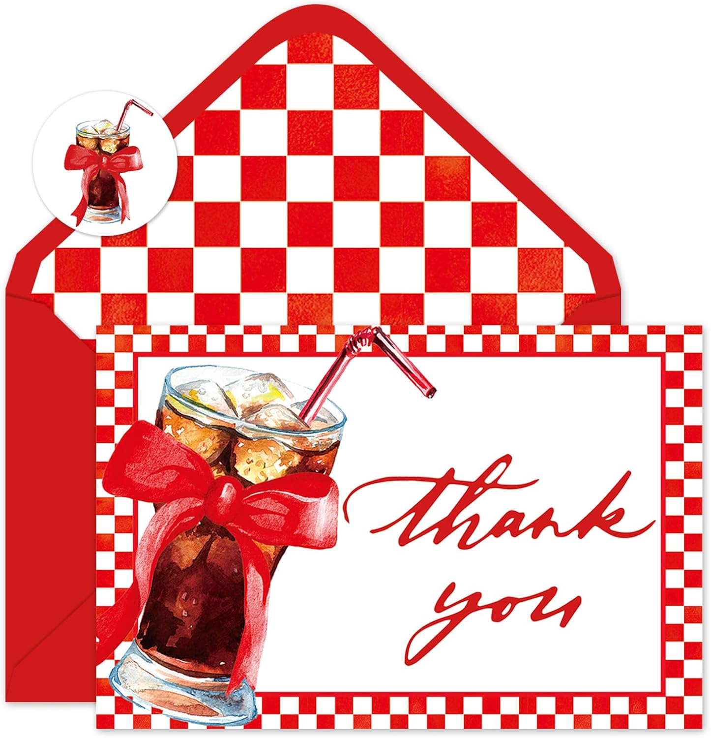 Whaline 24 Pack Thank You Cards Greeting Cards White Red Checkered Soda Theme Blank Note Card with Envelopes Stickers for Summer Birthday Bridal Baby Shower, 4 x 6 Inch