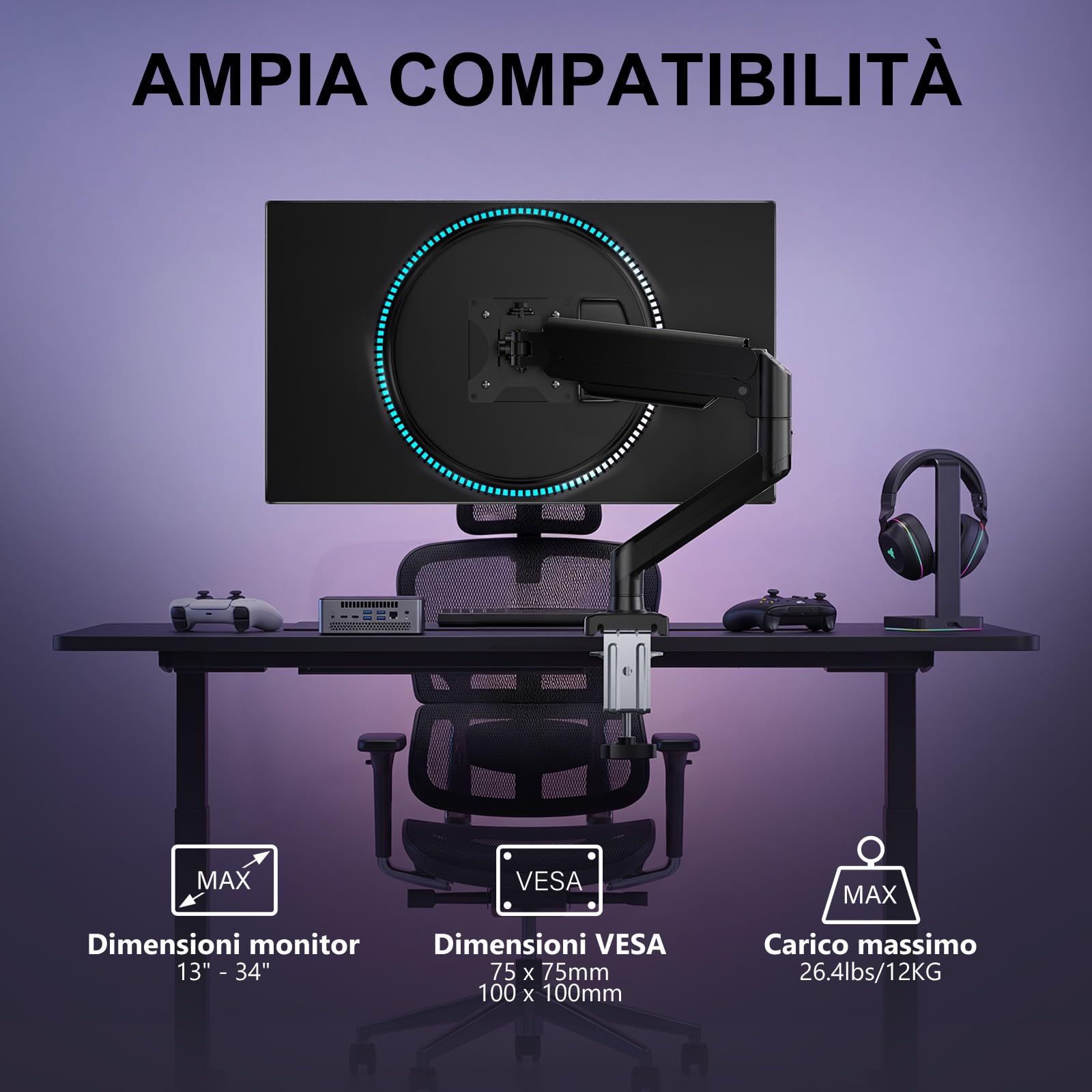 Supporto A Gas WALI Per Monitor Singolo 17-34 Pollici – Braccio Regolabile Nero, Carico Fino A 5 Kg