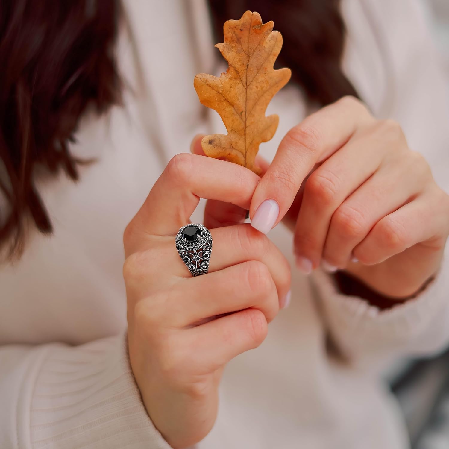 Mytys Black Onyx Stone Rings for Women Marcasite Vintage Cocktail Statement Rings Silver Chunky Crystal Antique Retro for victorians Jewelry Gift - Image 4