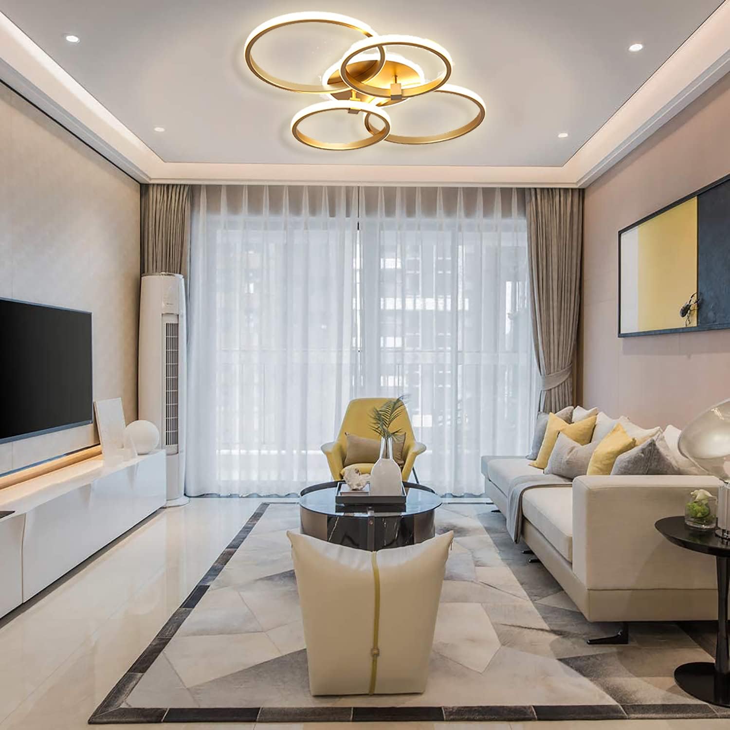 Modern Ceiling Lamp, Gold Dimmable Remote Ceiling Light Fixture 4 Ring Flush Mount Acrylic Ceiling Chandelier for Living Room Bedroom Kitchen