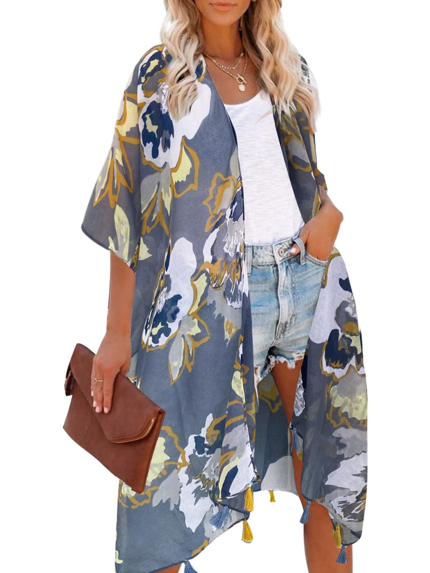 Moss RoseWomen's Beach Cover up Swimsuit Kimono Cardigan with Bohemian Floral Print