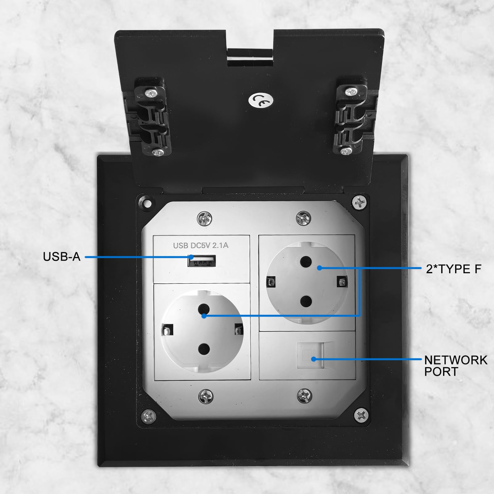 Prise Etanche Encastrable Acier Inoxydable - Prise de Sol Enfouie avec 2 AC + 1 USB A + 1 RJ45 - Prise Sol Encastrée pour la maison, le bureau/marbre, noir