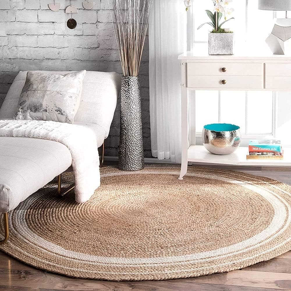 imsid Handwoven 3x3 feet Jute Round Rug, Natural Fibers, Braided Reversible Carpet for Stylish Bedroom Living Room Dining Room Kids Room (3x3 feet Round, White & Beige)