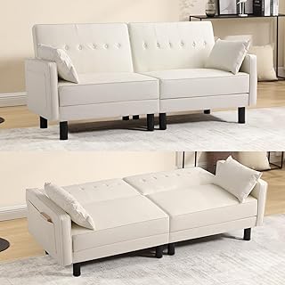 IPKIG Futon Sofa Bed - Faux Leather Convertible Sleeper Sofa with Adjustable Backrest and Side Pockets, Small Loveseat for Rentals, RVs, Bedroom, Guest Rooms (White, Loveseat)